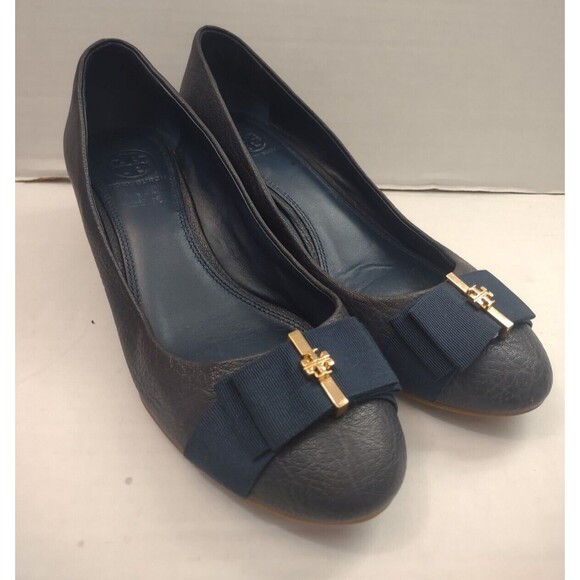 Tory Burch Shoes - Tory Burch Size 7M Trudy Closed Toe Wedge Leather Crossgrain Navy